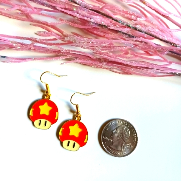Nintendo Super Mario Bros. Mushroom Oil Painted Handmade Earrings - Picture 3 of 3